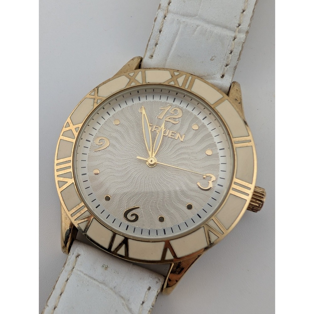 Gruen Watch Women 40mm Gold Case White‎ Leather Band- New Battery
